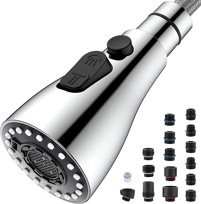 J-HVA Metal Kitchen Faucet Head Replacement 3-Mode with 15 Adapters, Chrome