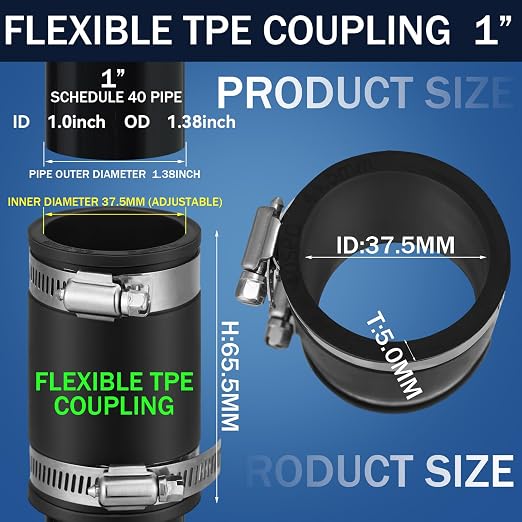 Pangda 2 Pcs Flexible TPE Coupling with Stainless Steel Clamps 1 Inch | Flexible TPE Coupling, Fits Plastic and Copper Plumbing Connections, High Temperature Resistant Material