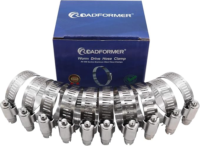 1.25 inch Hose Clamp Full Stainless Steel Worm Gear: 21mm - 44mm, 10 Pack | ROADFORMER 1.25 hose clamp SAE 20 Size, 1/2" Band Width, smoothly install and precisely fit hose & pipe size