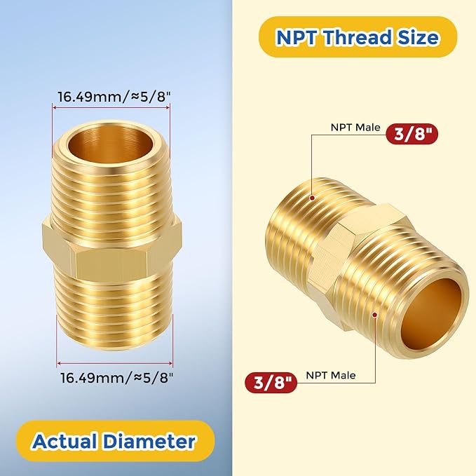 12 Pack Brass Pipe Fittings, 3/8" Male NPT to 3/8" Male NPT | Brass Hex Nipple W/ Sealing Tape, Male Pipe Adapter Reducer for Air, Oil, LP