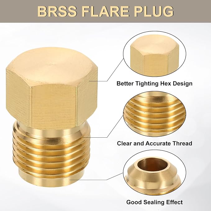 uxcell 2Pcs Brass Seal Plug, 5/8"-18 UNF Male Thread Hex Pipe Fitting, Flare Tube Fittings with Tape for Air Conditioner Pipe Extension Water Gas Line