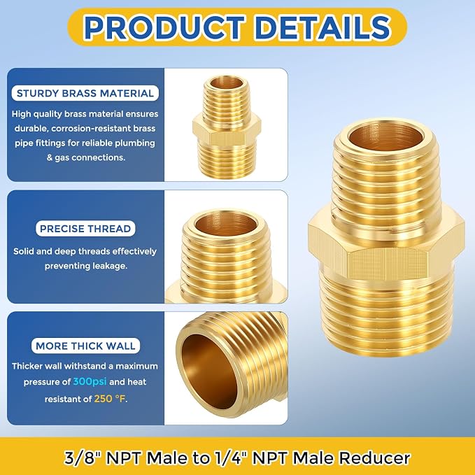 3 Pack Brass Pipe Fittings, 3/8" NPT Male to 1/4" NPT Male | Brass Hex Nipple, Male Pipe Adapter Reducer for Air, Oil, LP