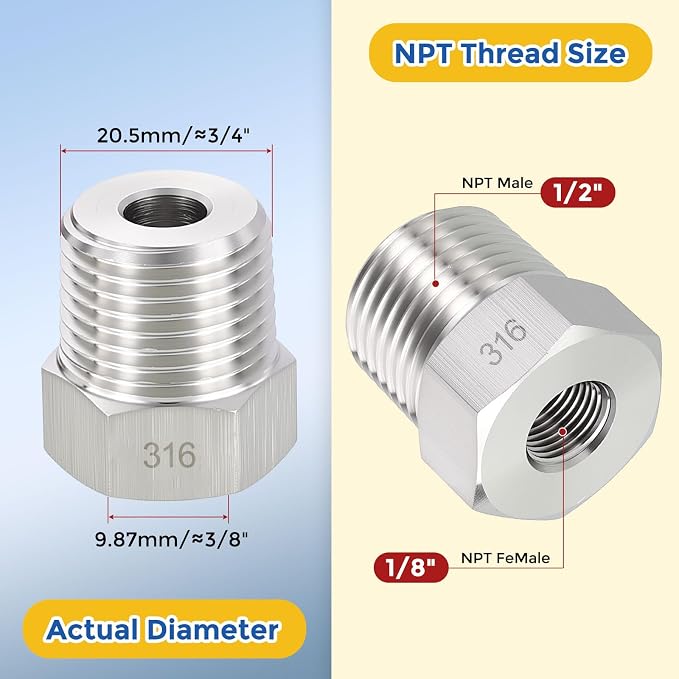 2 Pack SUS316 1/2" Male NPT to 1/8" FeMale NPT Hex Bushing Reducer | 316 Stainless Steel Pipe Fittings, Hose Tube Threaded Adapters with Sealing Tape for Air, Oil, LP, Gas, Fuel, Water