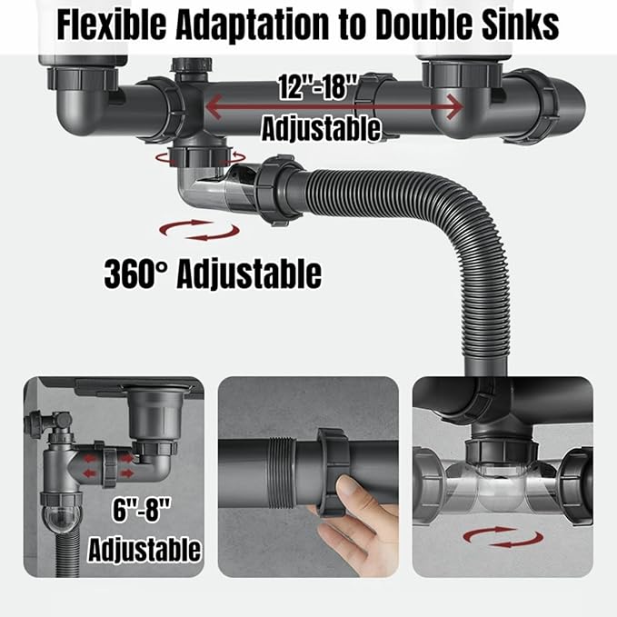 Flexible Double Kitchen Sink Drain Kit, 1-1/2 in Replacement P-Trap