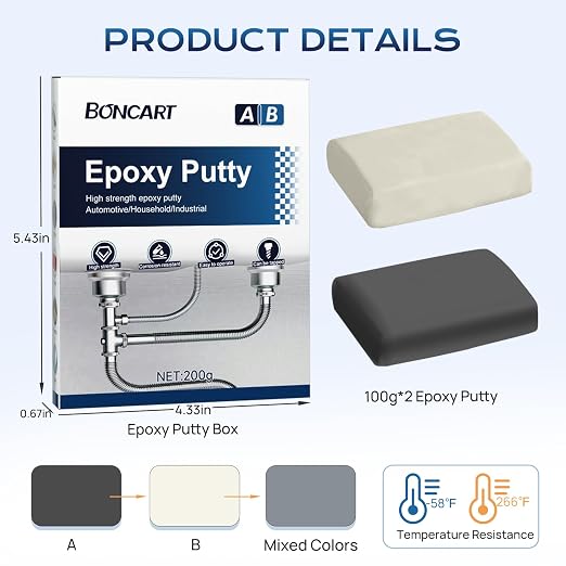Boncart High Strength AB Epoxy Putty, 200g Steel Reinforced Repair Filler | Waterproof, Multi-Purpose, for Metal, Wood, Tile & Ceramics, Ideal for Bonding, Repairing & Sculpting (Grey)