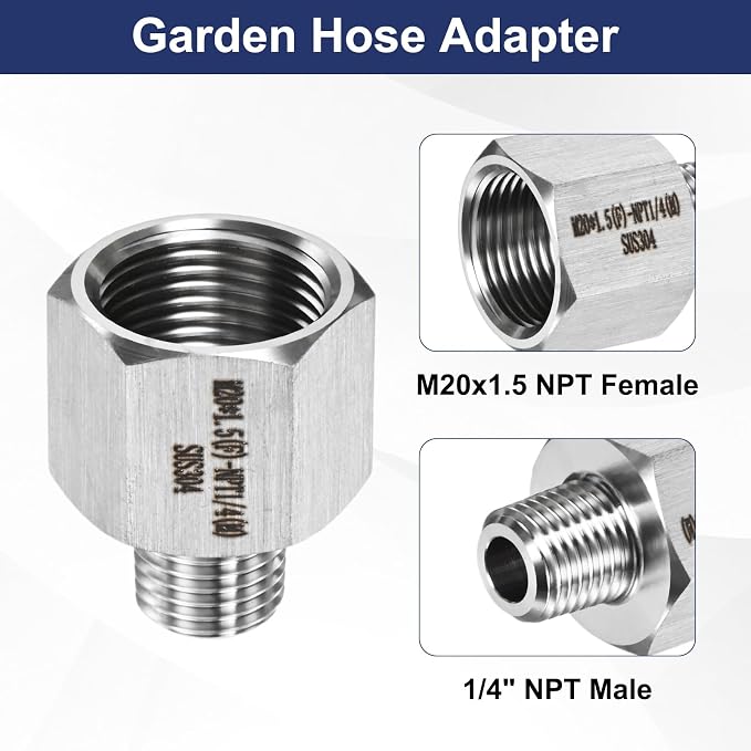 M METERXITY 2-Pack Garden Hose Adapter, Stainless Steel M20x1.5 NPT Female x 1/4" NPT Male Threaded Connector with Sealing Tape Garden Hose Convert Fitting for Pipe Fitting/Shower
