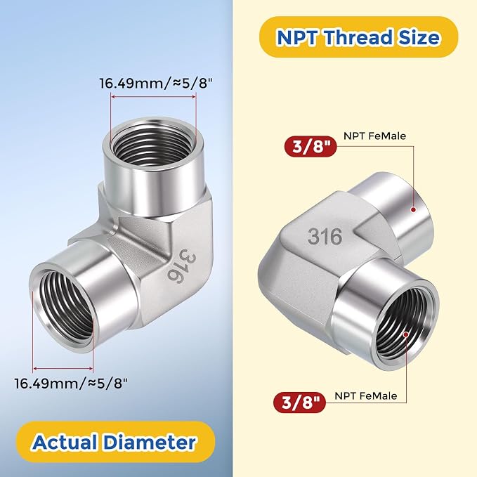 2 Pack SUS316 90 Degree 3/8" FNPT to 3/8" FNPT Barstock Street Elbow | 316 Stainless Steel Pipe Fittings, Forged Pipe Fitting Connector with Sealing Tape for Air, Oil, LP, Gas, Fuel, Water
