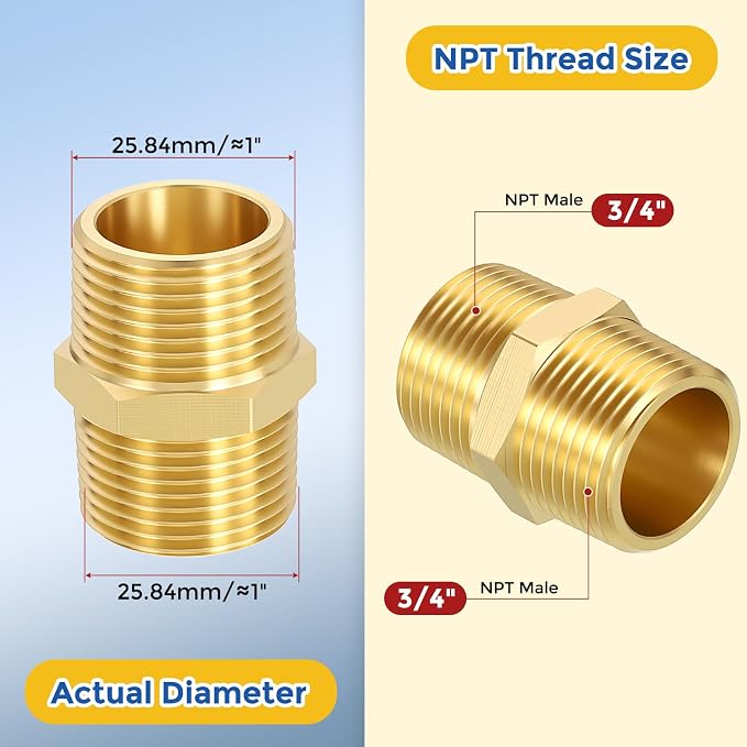 2 Pack Brass Pipe Fittings, 3/4" Male NPT to 3/4" Male NPT | Brass Hex Nipple, Male Pipe Adapter Reducer for Air, Oil, LP