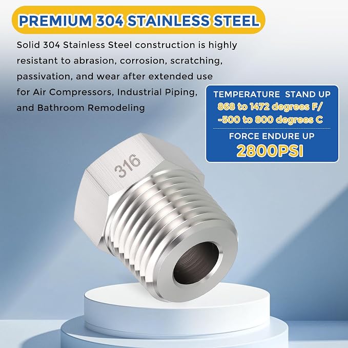 5 Pack SUS316 1/2" Male NPT to 3/8" FeMale NPT Hex Bushing Reducer | 316 Stainless Steel Pipe Fittings, Hose Tube Threaded Adapters with Sealing Tape for Air, Oil, LP, Gas, Fuel, Water