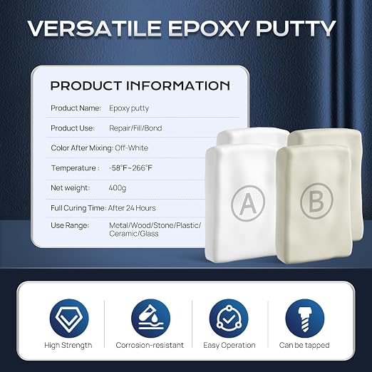 Boncart High Strength AB Epoxy Putty, 400g Steel Reinforced Repair Filler | Waterproof, Multi-Purpose, for Metal, Wood, Tile & Ceramics, Ideal for Bonding, Repairing & Sculpting (White)