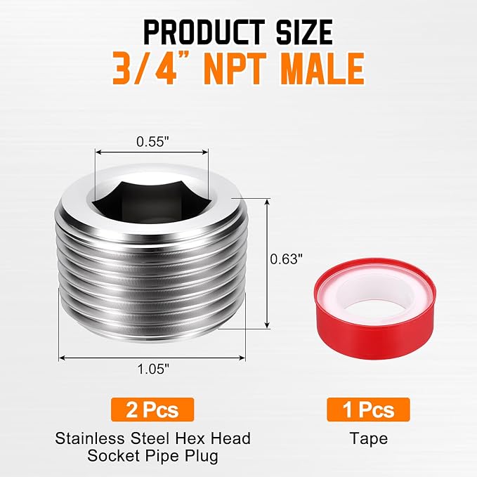 2Pack Hex Head Socket Pipe Plug Fitting Male Threaded End Cap W/Tape | 3/4" NPT, 304 SS, Hex Thread Pipe Fittings, for Water Pump Engine Industrial Piping