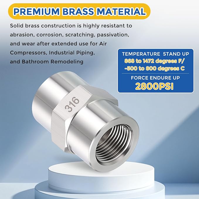 5Pack 3/8" FeMale NPT to 1/4" FeMale NPT 316 Stainless Steel Coupling | 316 Stainless Steel Pipe Fittings, Coupler Hex Head Connector with Sealing Tape for Air, Oil, LP, Gas, Fuel, Water