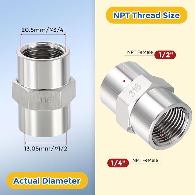2Pack 1/2" FeMale NPT to 1/4" FeMale NPT 316 Stainless Steel Coupling | 316 Stainless Steel Pipe Fittings, Coupler Hex Head Connector with Sealing Tape for Air, Oil, LP, Gas, Fuel, Water