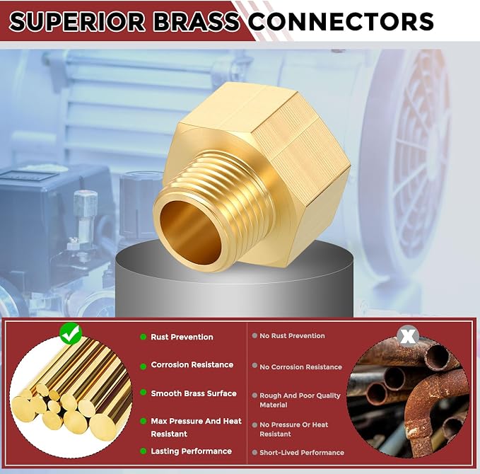 Pack of 5,3/4" NPT FeMale to 1/2" NPT Male Solid Brass Pipe Fittings | Thread Adapter W/ Sealing Tape, Brass Pipe Extension Connectors for Bathroom Remodeling, Tool Extensions