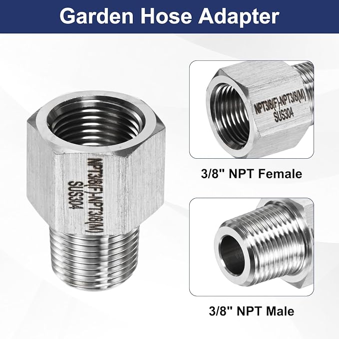 M METERXITY 2-Pack Garden Hose Adapter, Stainless Steel 3/8" NPT Female x 3/8" NPT Male Threaded Connector with Sealing Tape Garden Hose Convert Fitting for Pipe Fitting/Shower