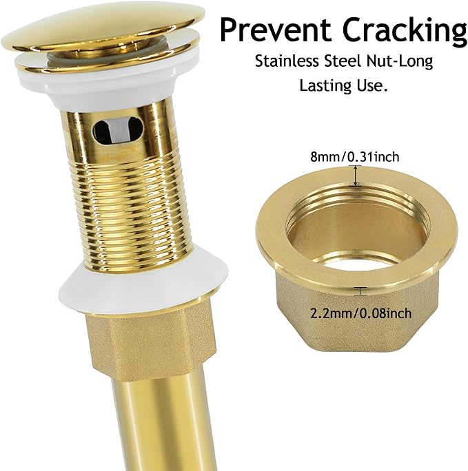 Bathroom Sink Drain, Gold Drain Stopper Bathroom Sink with Overflow,Pop Up Drain Assembly with Detachable Strainer Basket,Built-in Anti-Clogging Strainer,Stainless Steel Gold