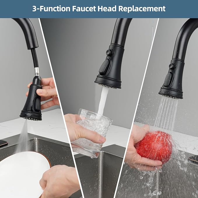 Universal Kitchen Faucet Head Replacement 3 Modes, 15 Adapters, Matte Black