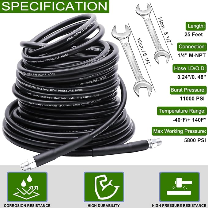WEST BAY Sewer Jetter Kit 25 FT for Pressure Washer, 5800 PSI Drain Cleaner Hose 1/4 Inch NPT Corner Rotating and Button Nose Sewer Jetting Nozzle Spanner WatertightTape Pearl Corsage Pin | 1/4 Inch NPT, Corner, Rotating and Button Nose Sewer Jetting N...