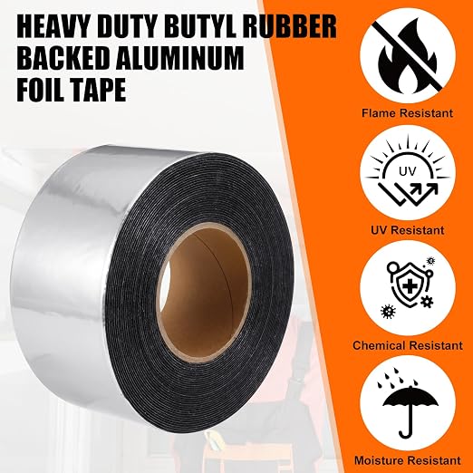 1 Pcs 50 Mil Heavy Duty Aluminum Foil Rubber Tape, Waterproof, for Sealing Roof Flashing, and Repairs in Punctures in Trailers, Truck Bodies, Containers, RVs and Campers (4" X 32')