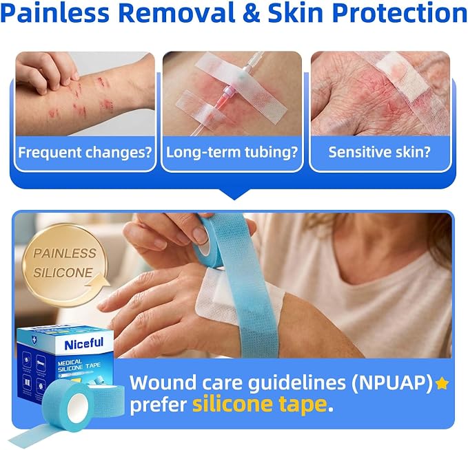Niceful Silicone Medical Tape, Hypoallergenic, Easy Tear, 1" x5.5Yd 6 Rolls | Soft Silicone, Waterproof, Easy Tear, No Skin Irritation, Great for Frequent Dressing Changes, 1"X5.5Yd, Value 6-Roll Pack
