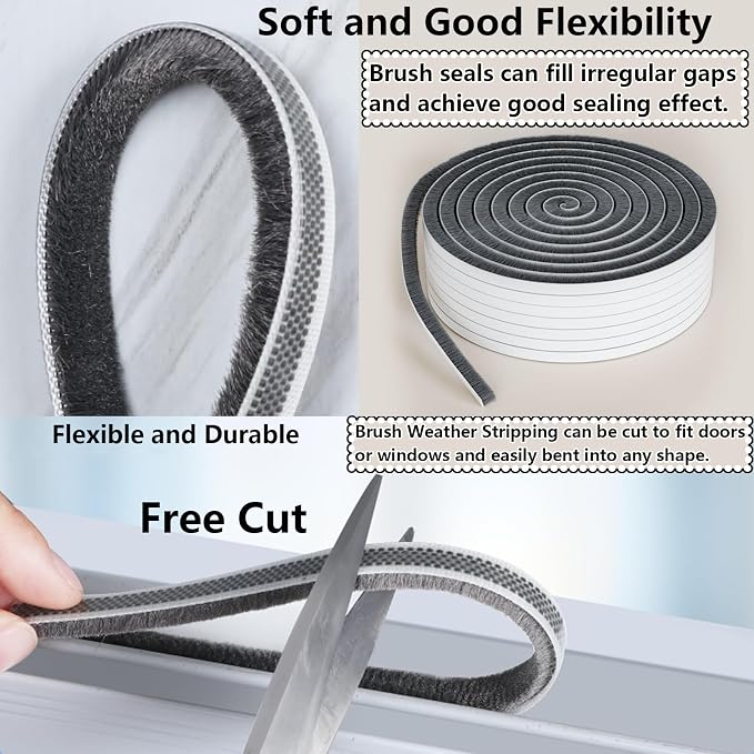 Brush Weather Stripping Door Window Seal,2 Pack 0.2"x 0.4" x33FT | Felt weather stripping,door sweep,sliding glass door applicable,soundproof,door frame sealing,windproof weatherstripping