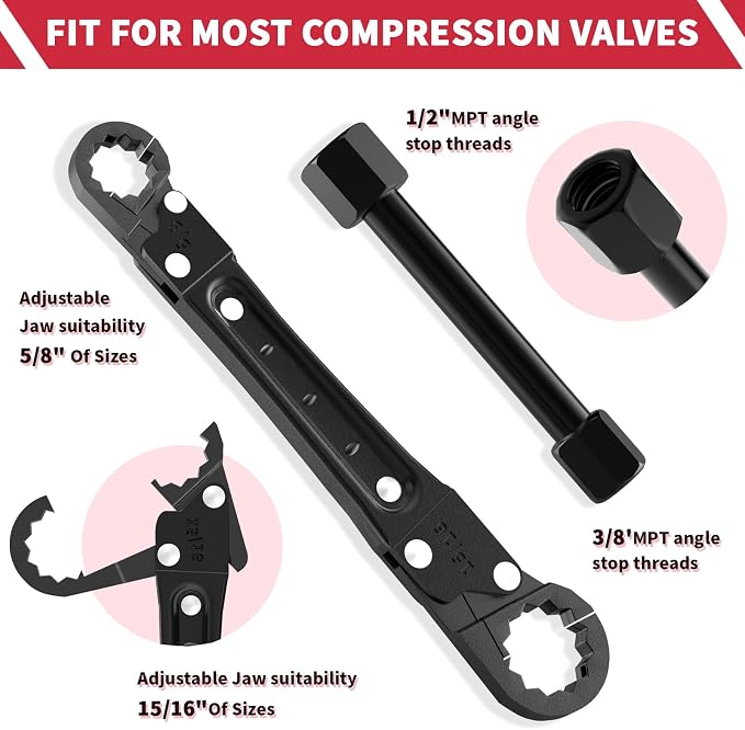 Plumbing Tools Angle Stop Wrench Kit - 3-Piece Plumber Tool Set with Compression Sleeve Puller & 4-Way Sillcock Key - Fits 3/8" & 1/2" MPT Ferrule Removal Tool for Tight Spaces Under Sink-Black