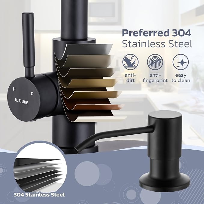 WEWE Kitchen Faucet with Soap Dispenser, 3-Mode Sprayer, Matte Black