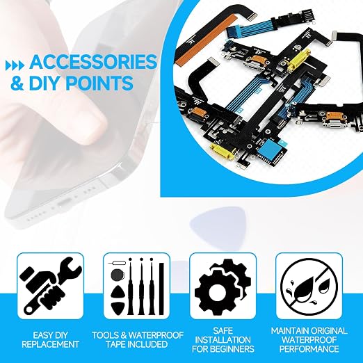 for iPhone 12 mini Lightning Charging Port Replacement Black Dock Connector Flex Cable Assembly with Waterproof Tape & Tool Kit A2176 A2398 A2400 A2399 (White)