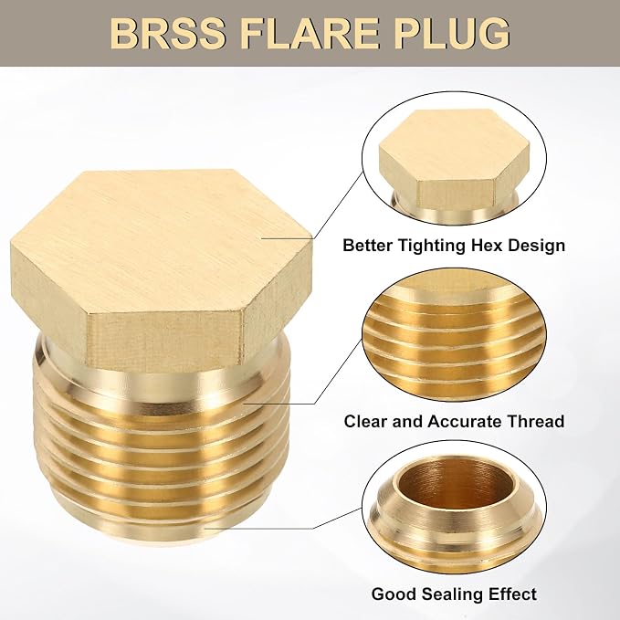 uxcell 4Pcs Brass Seal Plug, 7/8"-14 UNF Male Thread Hex Pipe Fitting, Flare Tube Fittings with Tape for Air Conditioner Pipe Extension Water Gas Line