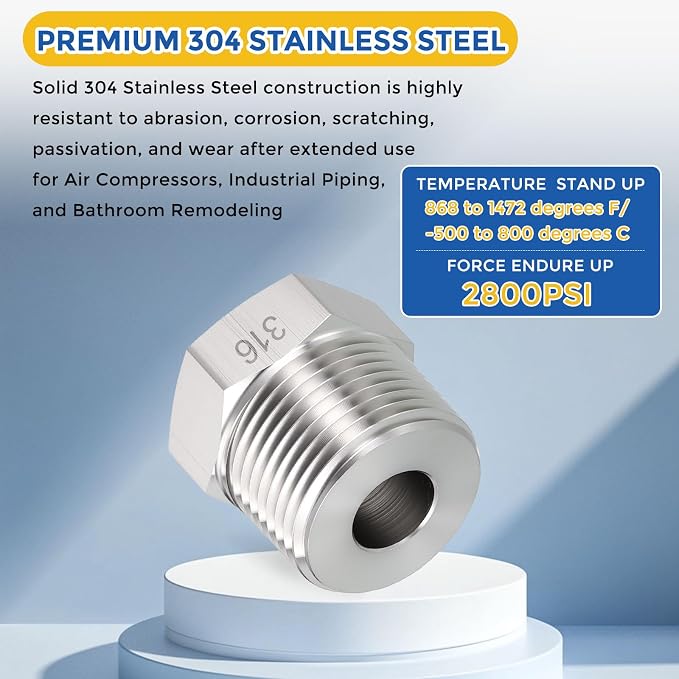 5 Pack SUS316 3/4" Male NPT to 1/4" FeMale NPT Hex Bushing Reducer | 316 Stainless Steel Pipe Fittings, Hose Tube Threaded Adapters with Sealing Tape for Air, Oil, LP, Gas, Fuel, Water