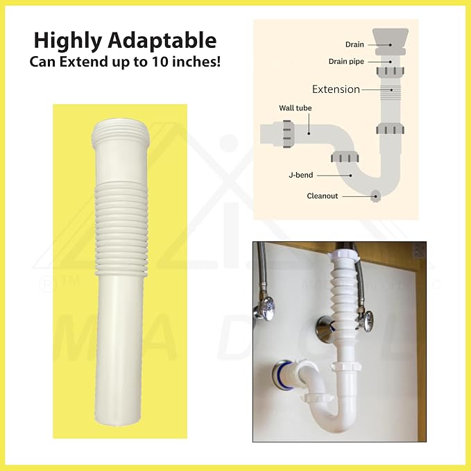 Plastic Drain Extension, 1-1/4 inch x 8 inch White Flexible tube with Slip-Joint Nut and Washer, for Tubular Drain Applications