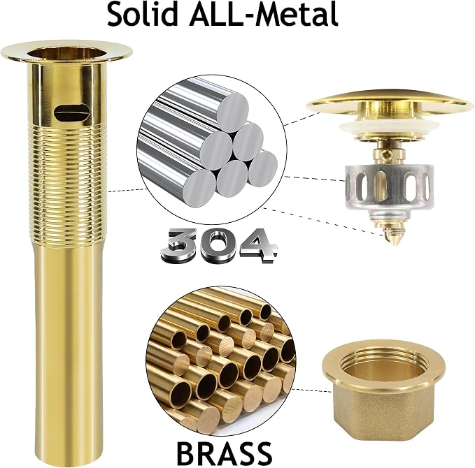 Bathroom Sink Drain, 2 Pack Gold Drain Stopper with Overflow,Pop Up Drain Assembly with Detachable Strainer Basket,Built-in Anti-Clogging Strainer,Stainless Steel