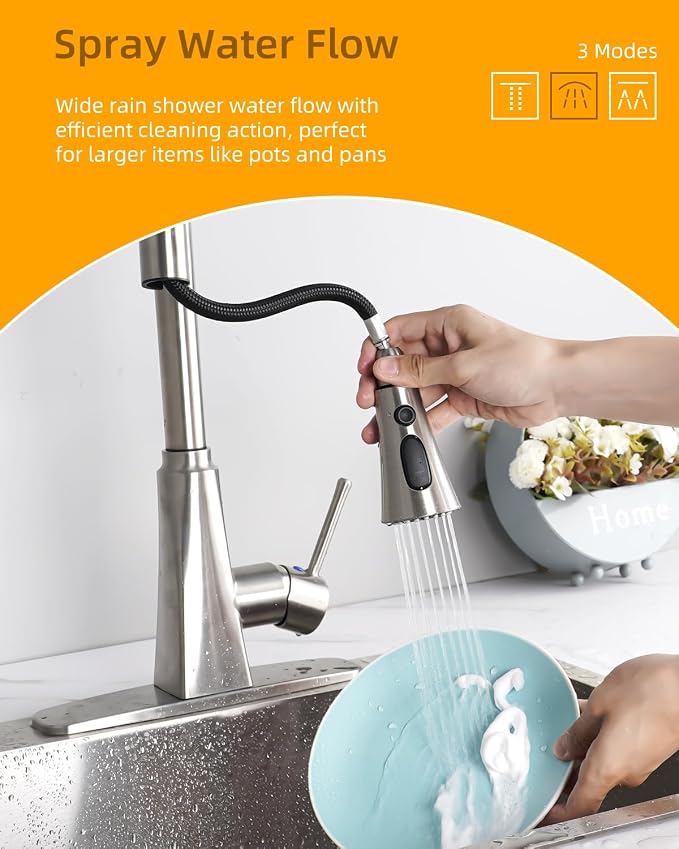 Hibbent Kitchen Sink Faucet Head Replacement, NSF/ANSI/CAN 61 & CUPC Certified, 3-Function Pull Down Sprayer Nozzle with 15 Adapters, Compatible with Delta, Kohler, Moen Faucets, Brushed Nickel