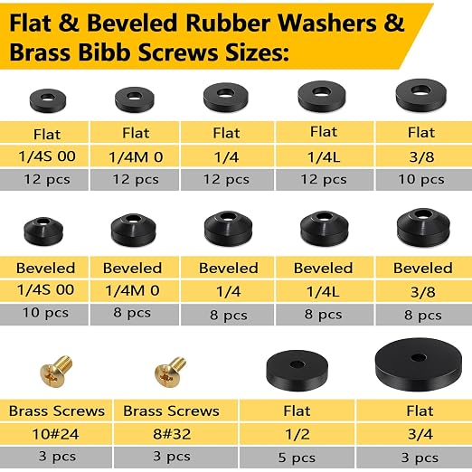 114-Piece 12 Sizes Faucet Washers Assorted Kit - Outdoor Spigot Repair Kit for Hose Bib, Water Valve - Flat & Beveled Faucet Rubber Washer Assortment, Brass Bibb Screws
