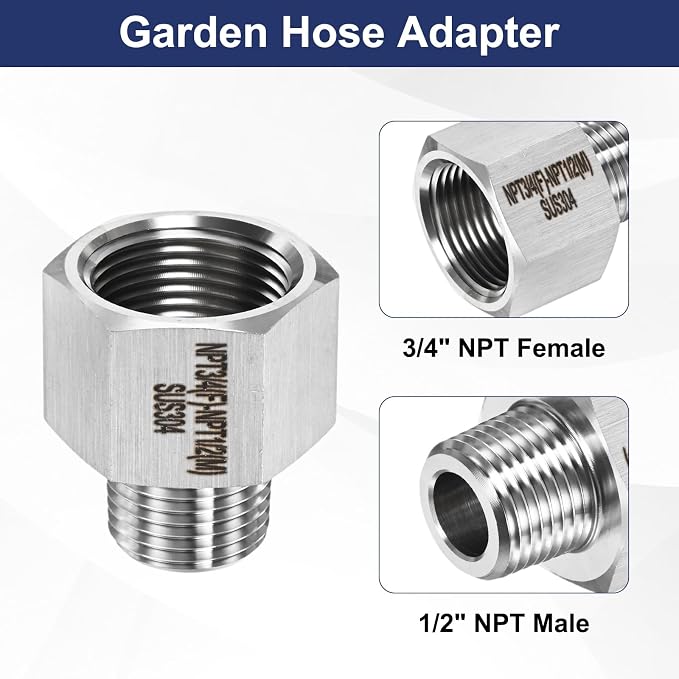 M METERXITY 2-Pack Garden Hose Adapter, Stainless Steel 3/4" NPT Female x 1/2" NPT Male Threaded Connector with Sealing Tape Garden Hose Convert Fitting for Pipe Fitting/Shower