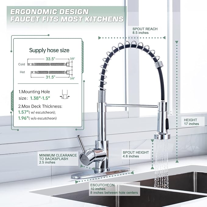 WEWE Pull-Down Kitchen Faucet, 2-Mode Sprayer, Polished Chrome, High Arc