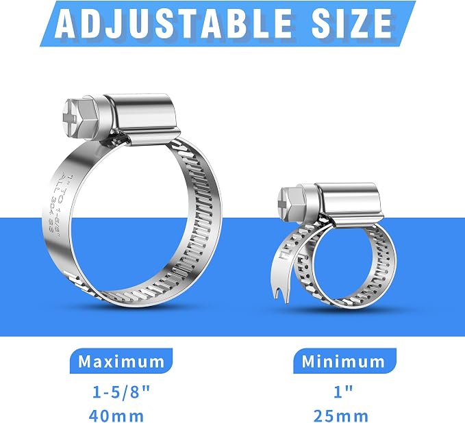 24PCS Adjustable Hose Clamps, 304 Stainless Steel Worm Gear, 1" to 1-5/8"(25-40mm), Rolled Edge No Perforations, Heavy Duty Reusable Pipe Clamp for Home, Auto, Piping, Marine, Industrial