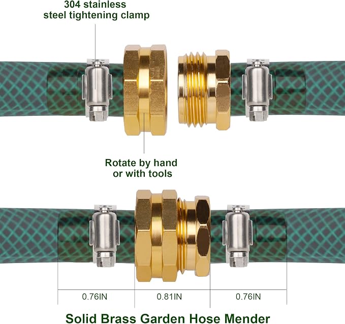 Biswing Garden Hose Repair Connector with Clamps, 5/8" Barb x 3/4" GHT Thread Aluminum Water Hose Pipe Repair Kit, Female and Male Hose Connectors with Stainless Steel Clamp, 2 Pack