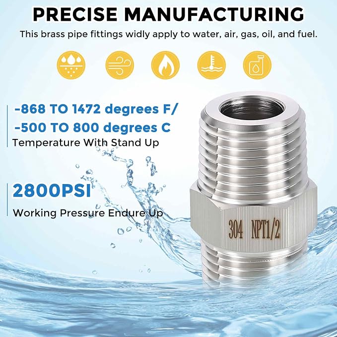 Pack of 6, 3/4" Male NPT To 1/2" Male NPT SUS304 Hex Nipple | Solid Male Pipe Adapter Hose Connectors for Pipe Repair, Bathroom Remodel, Tool Extensions, Compression, Irrigation