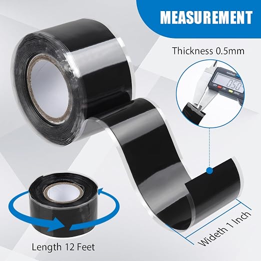 Black 12ft Self-Fusing Silicone Grip Tape | Non Slip Rubber Wrap Tape for Kayak Paddles, Pull Up Bar, Bike Handles, Gym Equipment, Fishing Rod, Tool Grips