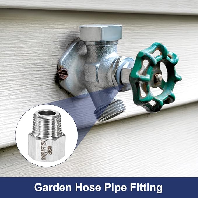 M METERXITY 2-Pack Garden Hose Adapter, Stainless Steel 1/2" g Female x 1/2" NPT Male Threaded Connector with Sealing Tape Garden Hose Convert Fitting for Pipe Fitting/Shower [Silver]