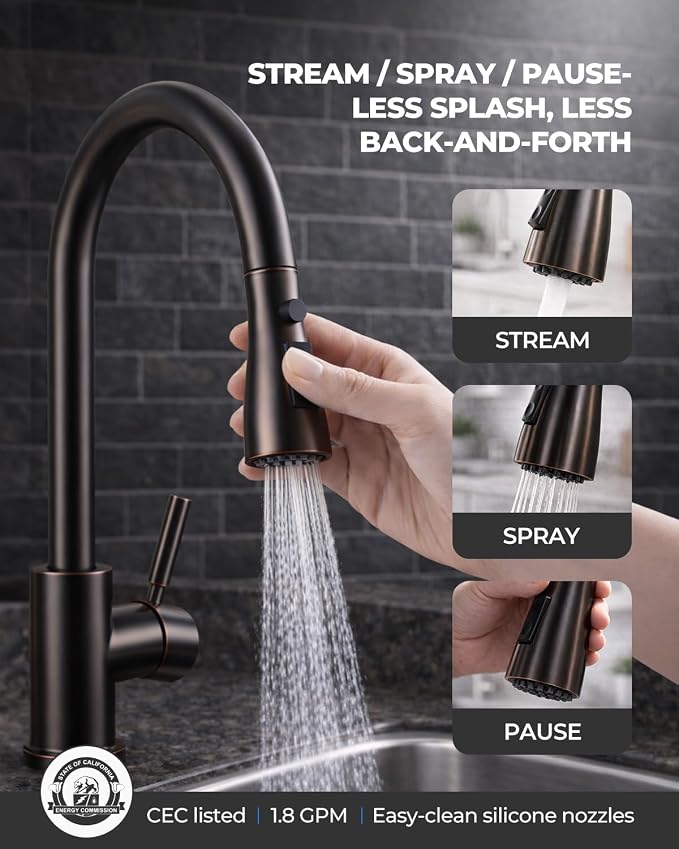 WEWE Pull-Down Kitchen Faucet, 3-Mode Sprayer, Oil Rubbed Bronze, High Arc