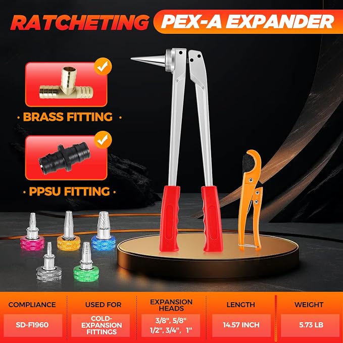 Saker PEX-A Expansion Tool Kit, 5 Heads, Manual Expander Tool | Fits 3/8", 1/2", 5/8", 3/4" & 1" PEX-A, Compatible with SD-F1960 Standard, Non-Slip Handles, Includes 5 Expansion Heads