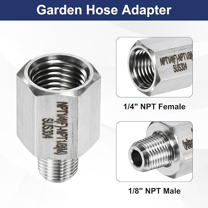 M METERXITY 2-Pack Garden Hose Adapter, Stainless Steel 1/4" NPT Female x 1/8" NPT Male Threaded Connector with Sealing Tape Garden Hose Convert Fitting for Pipe Fitting/Shower