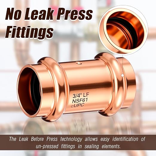 Therwen 10 Pcs Copper Pipe Press Fittings, 3/4 Inch Coupling with Stop Zero Lead, 3/4" Copper Coupling with Stop for Plumbing