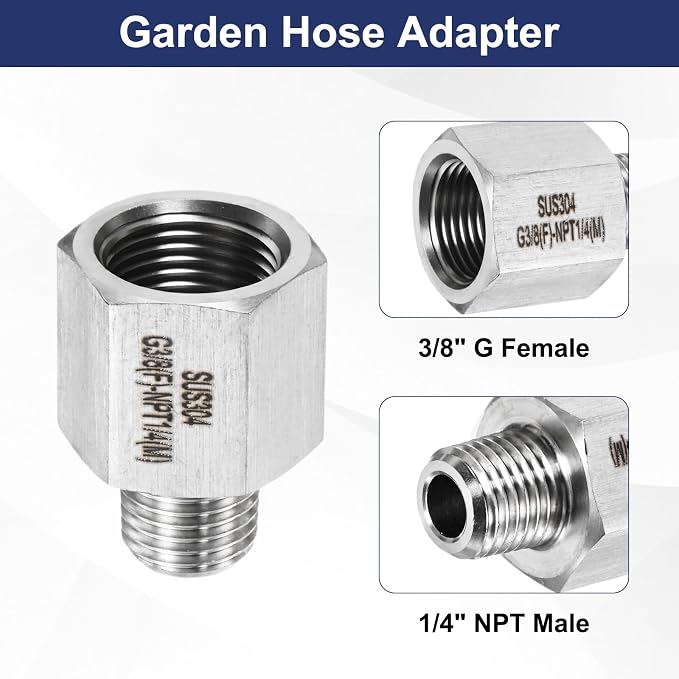 M METERXITY 2-Pack Garden Hose Adapter, Stainless Steel 3/8" g Female x 1/4" NPT Male Threaded Connector with Sealing Tape Garden Hose Convert Fitting for Pipe Fitting/Shower