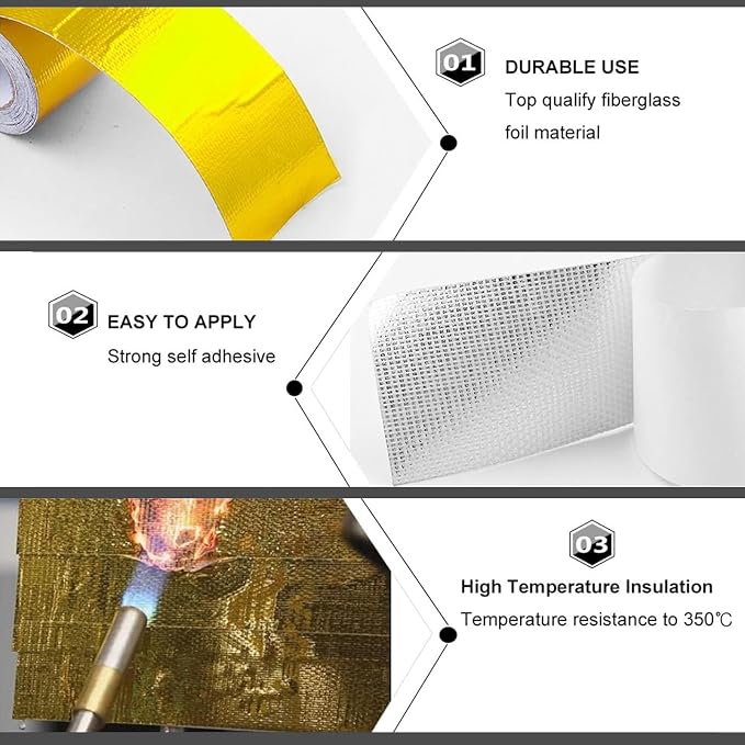 Sporacingrts 2" x 65.6ft Gold Heat Shield Reflective Tape Roll | 2" x 65.6ft gold adhesive heat shield tape for car intake pipes, engine bays and other high-heat applications.