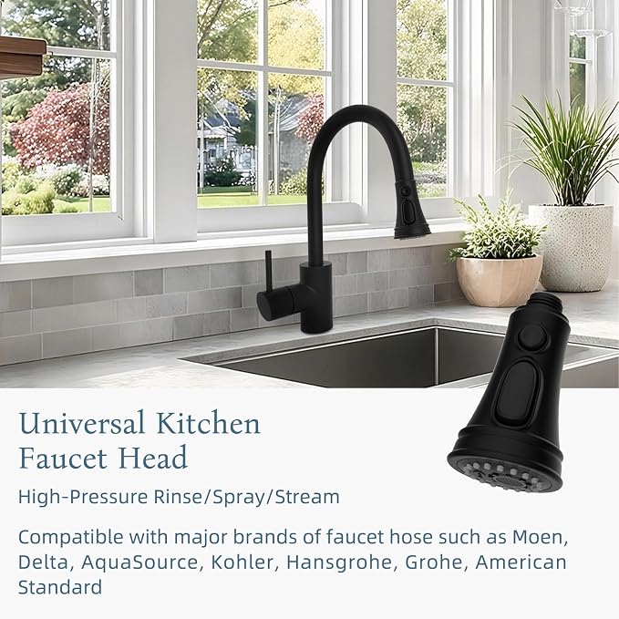 Universal Kitchen Faucet Head Replacement 3 Modes, 15 Adapters, Matte Black