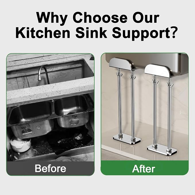 2pcs Undermount Kitchen Sink Support Save Space Upright Undermount Sink Repair Kit with Anti-Slip Shock-Absorbing Pad Stainless Steel Adjustable Support(18.9-26.7in)
