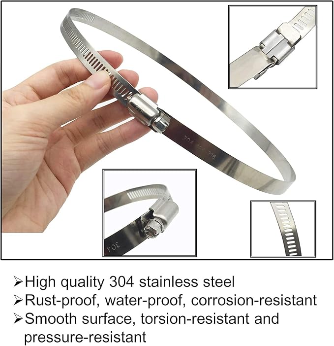 3" 4” 5" Adjustable 304 Stainless Steel Duct Clamps (3 Sizes, 6Pcs) | Hose Clamps Assortment Kit, Air Ducting Clamp, Worm Drive Pipe Clamps for Plumbing, Automotive and Mechanical Applications